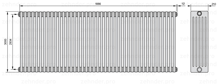 Схема (чертеж) Радиатор Zehnder Charleston 6300/41 №1270 Белый глянцевый RAL 9016